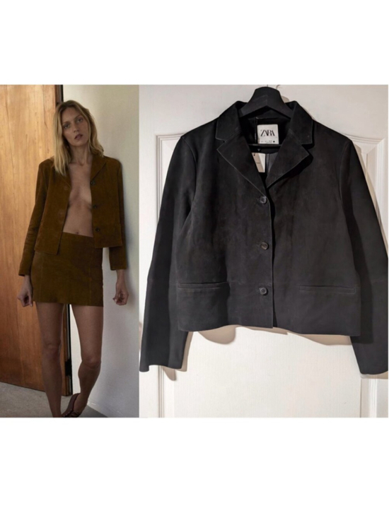 Zara Jackets & Blazers - NEW Zara | Suede Leather Button-down Blazer In Black